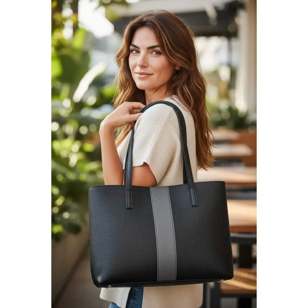 Vince Camuto Pebbled Leather Colorblock Tote Bag Black Gray